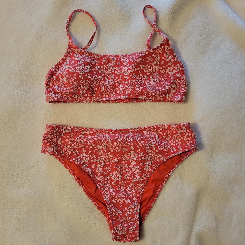 Roxy Coral Bikini with White Floral Design